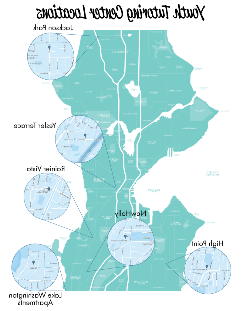 Map of tutor center locations: Jackson Park, Yesler露台, 雷尼尔山Vista, 新冬青, Lake 华盛顿 Apartments, 高点